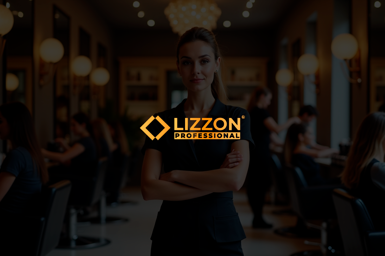 Uma mulher de braços cruzados em um salão de beleza moderno e movimentado. O logotipo LIZZON PROFESSIONAL está centralizado sobre a imagem. Outras pessoas estão trabalhando e sentadas ao fundo.