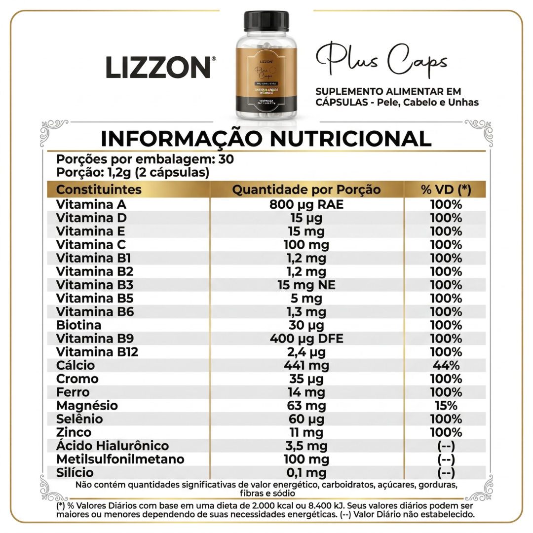Tabela com informações nutricionais para Lizzon Plus Caps (60 cápsulas), detalhando vitaminas, minerais e quantidades de nutrientes com valores diários por porção de 2 cápsulas. A imagem do frasco está posicionada na parte superior.