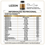 Tabela com informações nutricionais para Lizzon Plus Caps (60 cápsulas), detalhando vitaminas, minerais e quantidades de nutrientes com valores diários por porção de 2 cápsulas. A imagem do frasco está posicionada na parte superior.