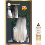 Uma pessoa com cabelos longos, lisos e loiros é vista por trás. Uma inserção mostra uma comparação antes e depois do uso do Reversor de Danos - ND, com o produto também visível no lado direito da imagem.