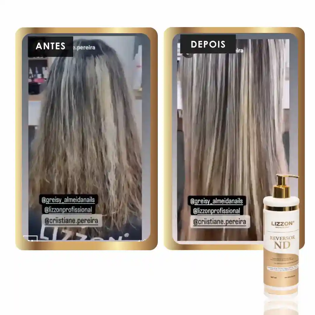 Fotos lado a lado mostram a parte de trás da cabeça de uma pessoa antes e depois de um tratamento com o Reversor de Danos - ND. "ANTES", à esquerda, mostra cabelos crespos e secos; "DEPOIS", à direita, revela cabelos lisos e macios. Um frasco do produto está localizado abaixo.