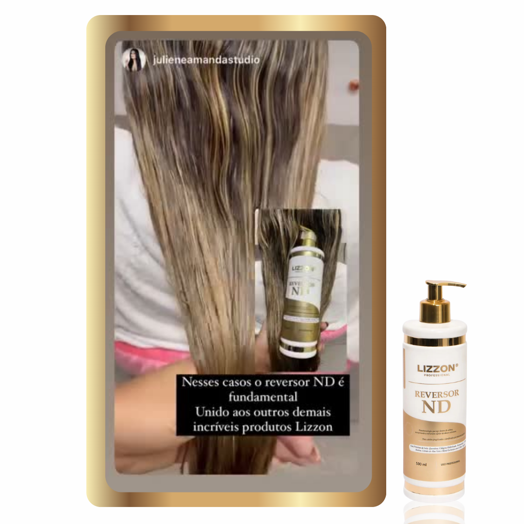 Uma pessoa com cabelos longos, úmidos e com mechas é vista por trás em um salão de beleza, com uma imagem do produto Reversor de Danos - ND sobreposta em seu cabelo e o frasco do produto exibido à direita.