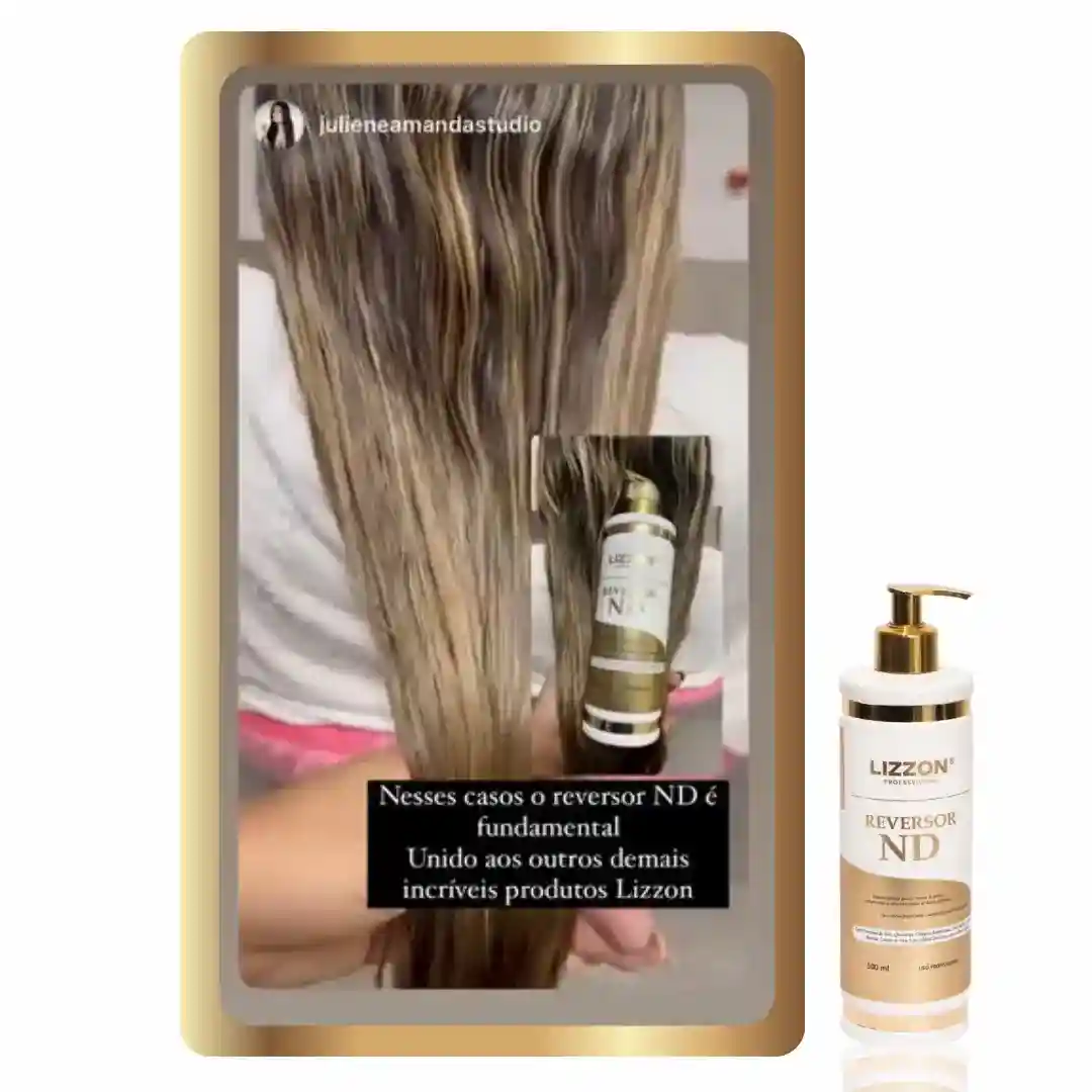 Uma pessoa com cabelos longos, úmidos e com mechas é vista por trás em um salão de beleza, com uma imagem do produto Reversor de Danos - ND sobreposta em seu cabelo e o frasco do produto exibido à direita.
