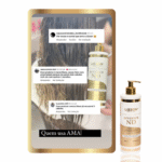 Um frasco de Reversor de Danos - ND fica ao lado de uma imagem de cabelo molhado e de críticas positivas nas mídias sociais. Na parte inferior, o texto diz: Quem usa AMA|.