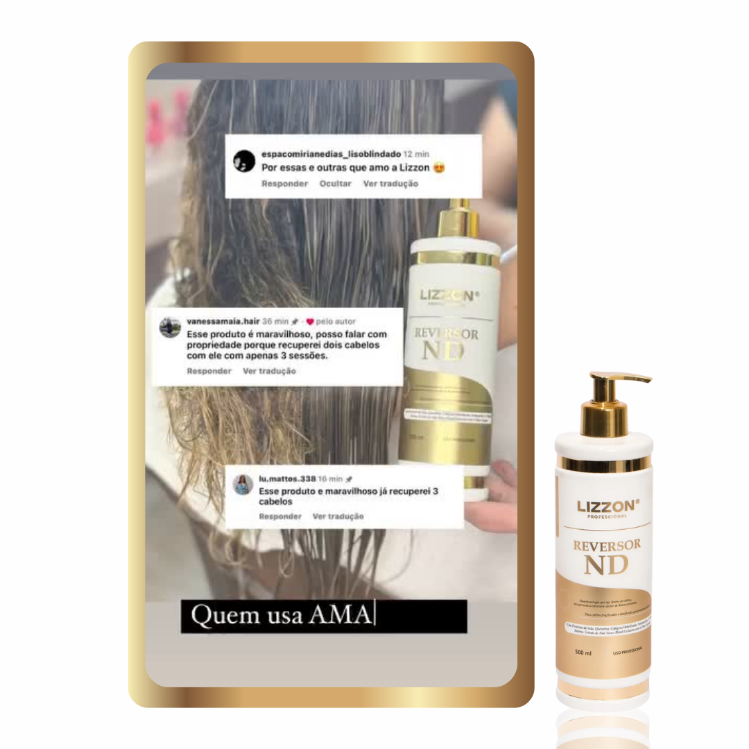 Um frasco de Reversor de Danos - ND fica ao lado de uma imagem de cabelo molhado e de críticas positivas nas mídias sociais. Na parte inferior, o texto diz: Quem usa AMA|.