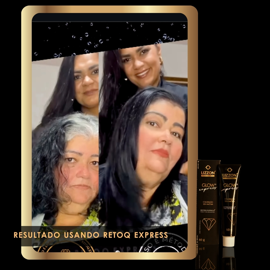 Duas fotos lado a lado de antes e depois mostram o cabelo grisalho e ondulado de uma mulher transformado em mechas lisas e escuras usando o kit Retoq Express (Glow Express). Duas outras mulheres estão atrás dela nas duas fotos, com dois tubos Lizzon no canto inferior direito.