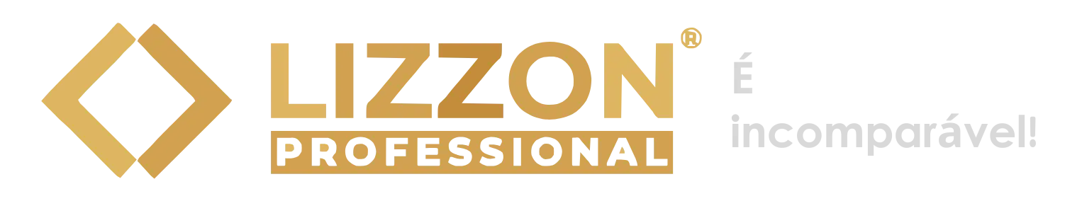 A imagem apresenta o logotipo da Lizzon Professional em dourado e branco, com "É incomparável!" em cinza claro à direita. O design elegante destaca o estilo característico da Lizzon em um fundo cinza claro refinado.