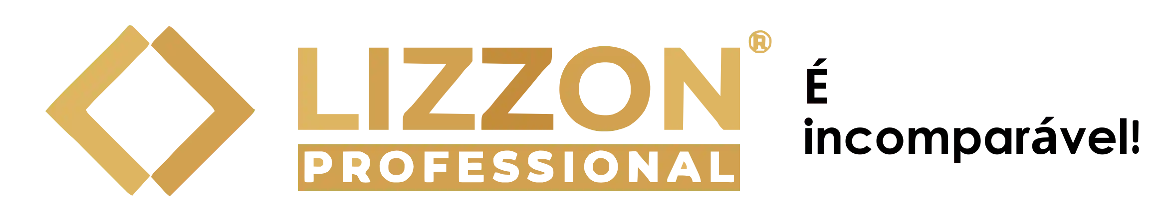 Logotipo com formato de diamante dourado e as palavras LIZZON PROFESSIONAL em dourado, destacado por "É incomparável!" em texto preto sobre fundo branco - representando a elegância e o prestígio da Lizzon.