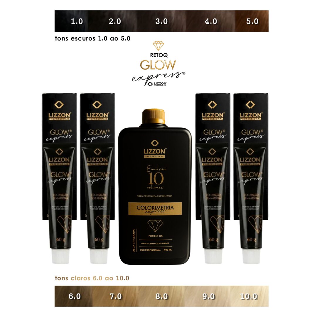 O kit Retoq Express (Glow Express) Tons 1 a 10 inclui cinco tubos e um frasco grande preto de Emulsão 10, com amostras de cabelo dos tons 1 a 10 - ideal para resultados rápidos de retoque expresso.
