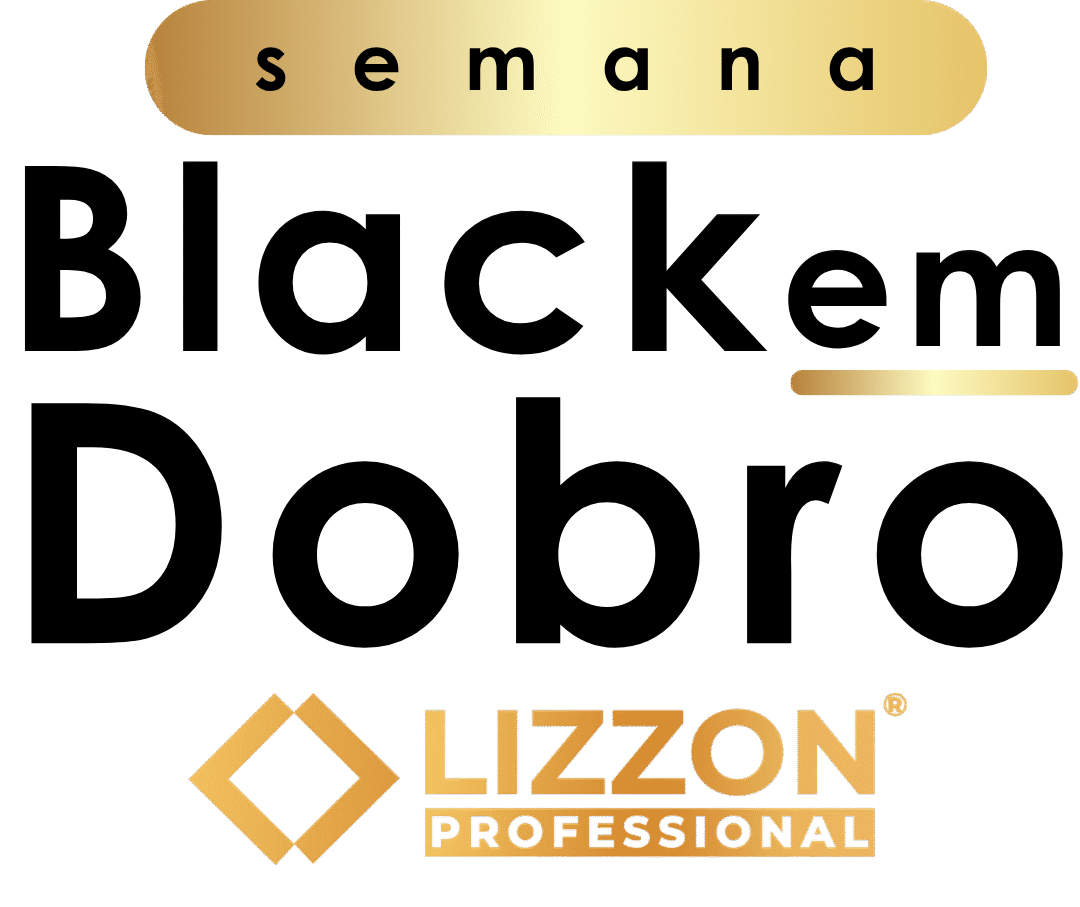 Gráfico de texto com a semana Black em Dobro em letras pretas e douradas em negrito acima do logotipo dourado da Lizzon Professional em um fundo claro.