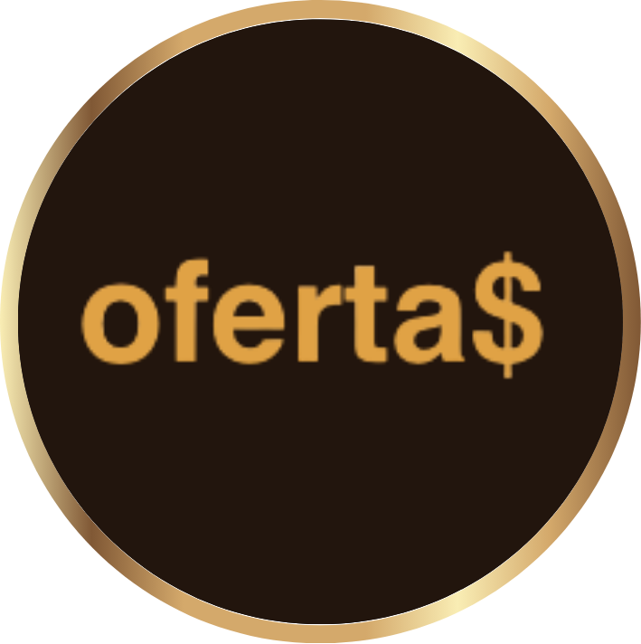 Um emblema circular de lizzon com uma borda dourada e um fundo marrom escuro exibe a palavra oferta$ em letras amarelo-alaranjadas, com a letra s substituída por um cifrão.