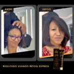 Imagens lado a lado mostram uma mulher antes e depois de usar o kit Retoq Express (Glow Express): à esquerda, seu cabelo é cacheado e sem estilo; à direita, é liso e suave. A embalagem do produto aparece na parte inferior.