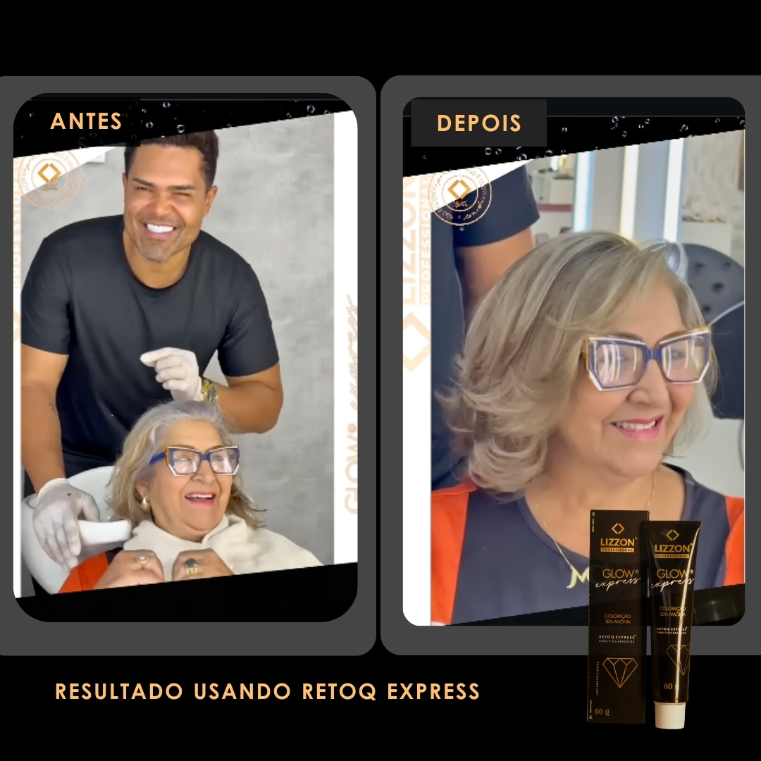 Uma mulher com cabelos grisalhos sorri em uma cadeira de salão antes, depois mostra seu cabelo penteado e tingido de loiro usando o kit Retoq Express (Glow Express), com dois tubos de produto visíveis na parte inferior.
