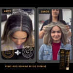 Imagens lado a lado mostram o cabelo de uma mulher de cima para baixo: raízes grisalhas perceptíveis antes do tratamento e, em seguida, colorido uniformemente após a aplicação do kit Retoq Express (Glow Express). Um estilista está atrás dela na foto posterior, com a embalagem do produto visível.