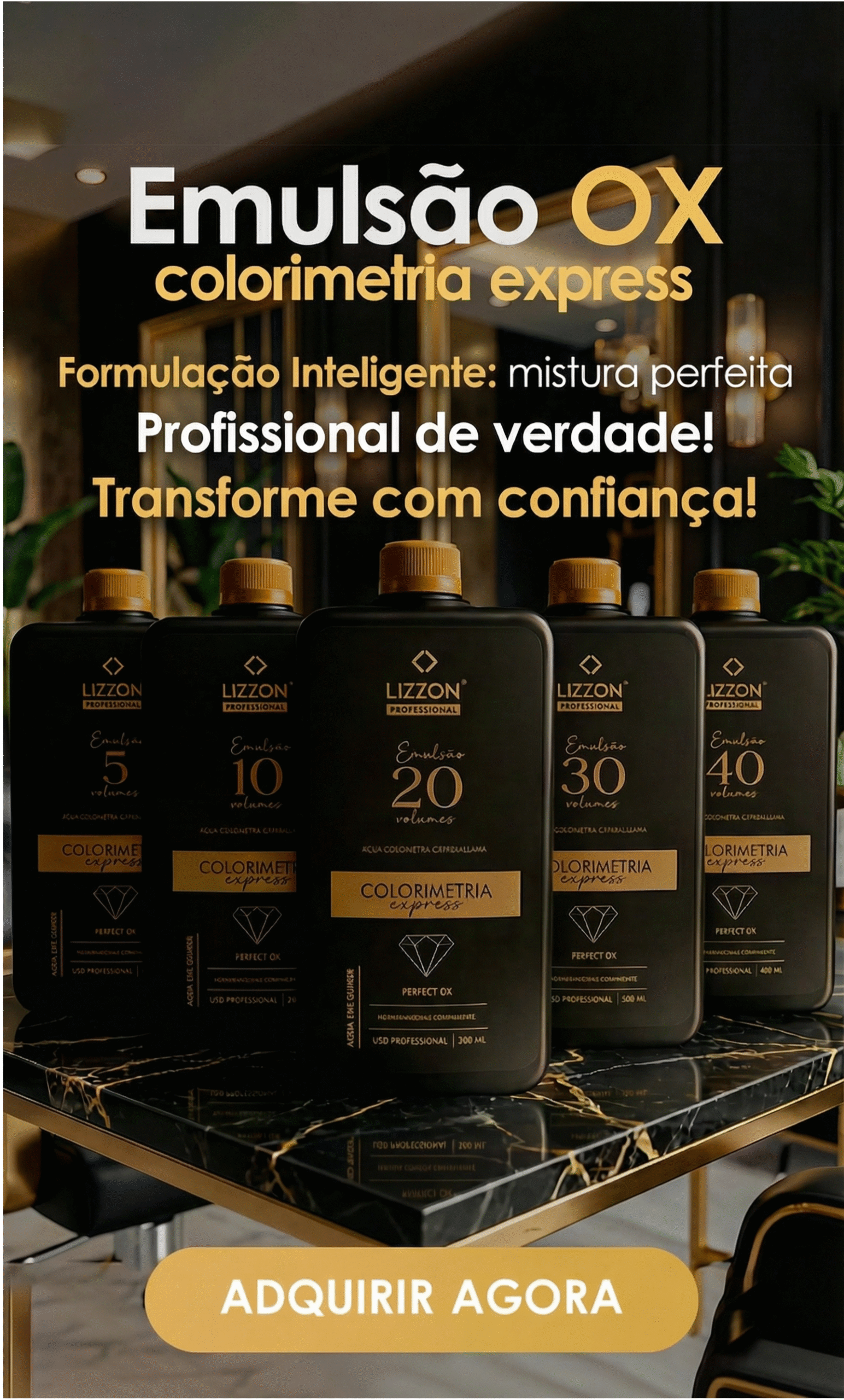 Cinco frascos pretos e dourados dos produtos para cabelo Lizzon Emulsão OX colorimetria express estão dispostos em uma mesa de vidro com um fundo interno desfocado. O texto em português promove o produto e inclui uma chamada para ação.