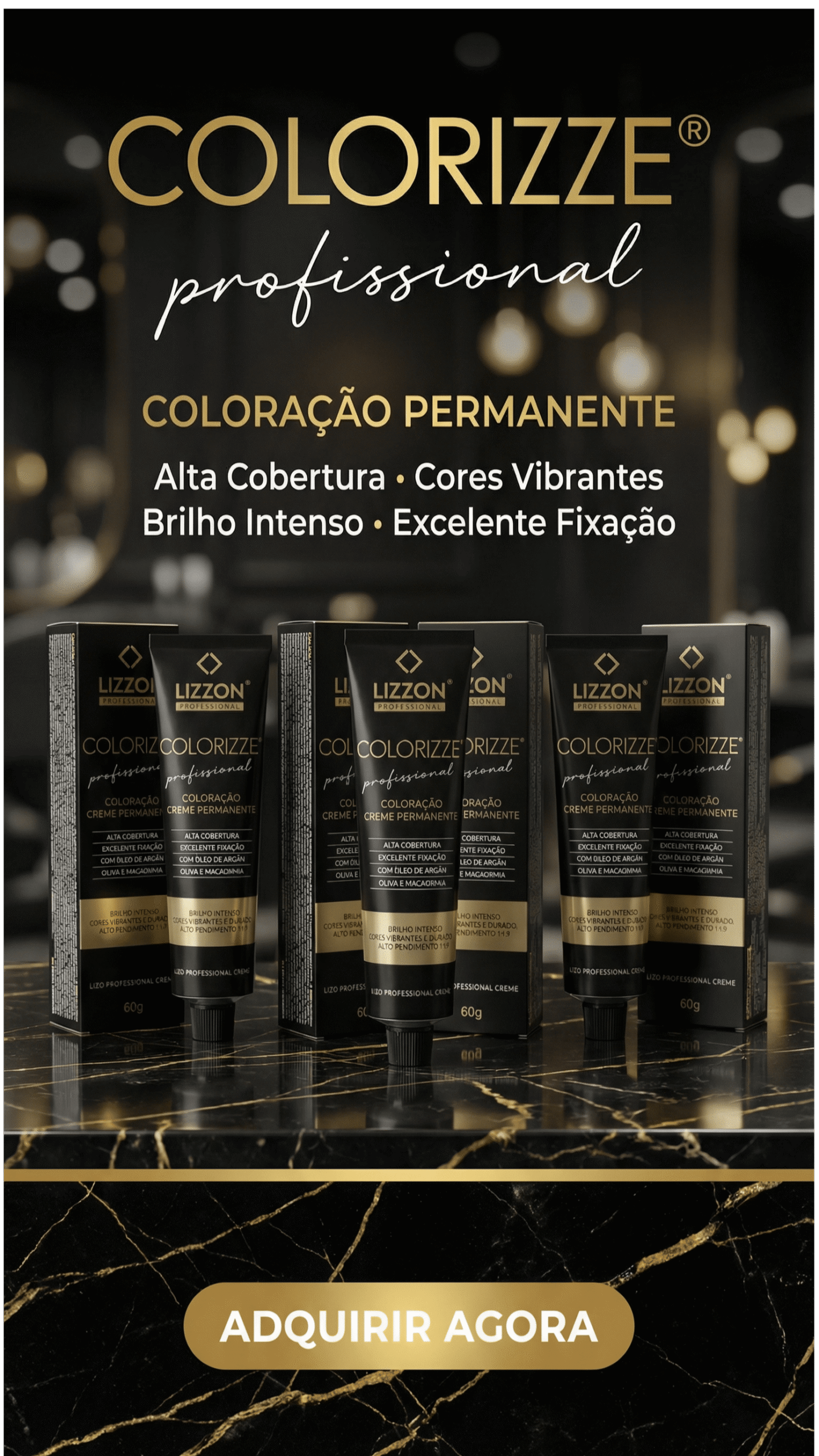 Cinco tubos de coloração permanente de cabelo Lizzon Colorizze Profissional são exibidos na vertical em uma superfície de mármore preto e dourado, com texto promocional e recursos listados acima e um botão dourado 