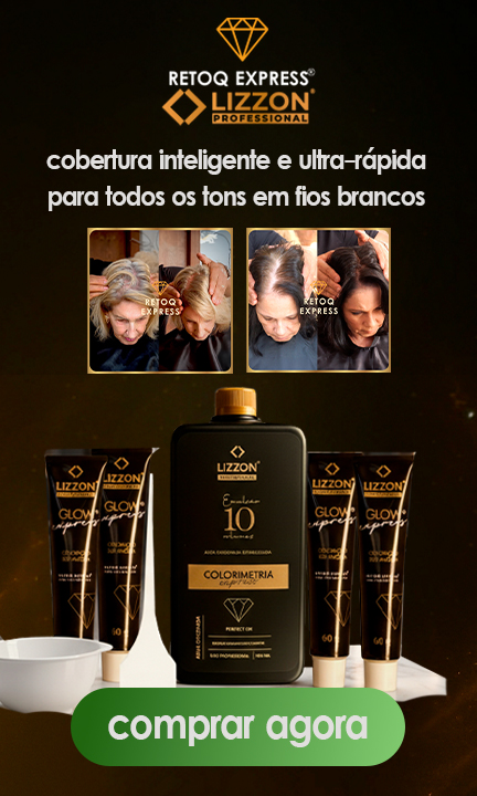 Propaganda dos produtos de coloração capilar Lizzon Professional Retoq Express, mostrando imagens de antes e depois da cobertura do cabelo e exibindo frascos, tubos e tigelas de mistura. O texto em português promove a cobertura rápida e completa de cabelos grisalhos.