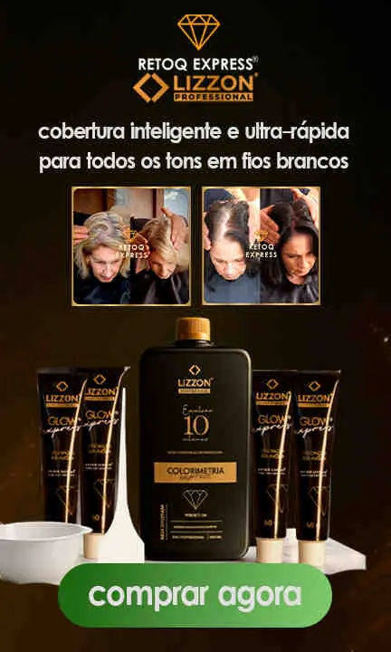 Propaganda dos produtos de coloração capilar Lizzon Professional Retoq Express, mostrando imagens de antes e depois da cobertura do cabelo e exibindo frascos, tubos e tigelas de mistura. O texto em português promove a cobertura rápida e completa de cabelos grisalhos.