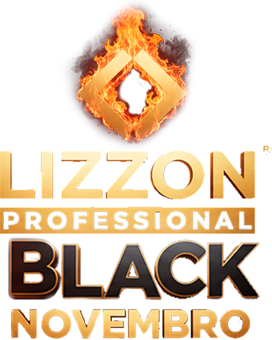 Logotipo da Lizzon Professional Black Novembro com um símbolo em forma de diamante flamejante acima de um texto dourado e preto em um fundo branco.