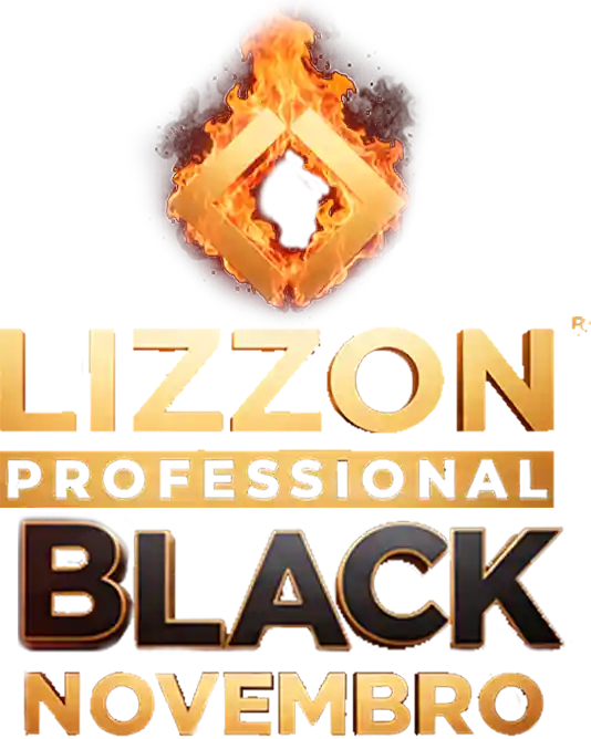 Logotipo da Lizzon Professional Black Novembro com um símbolo em forma de diamante flamejante acima de um texto dourado e preto em um fundo branco.