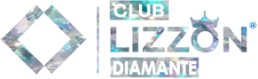 Logotipo com o texto CLUB LIZZÓN DIAMANTE. O design inclui uma forma de diamante à esquerda e uma pequena coroa sobre a letra O. O texto e as formas têm um padrão iridescente e cristalino.