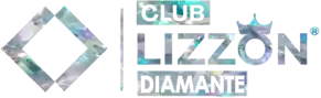 Logotipo com o texto CLUB LIZZÓN DIAMANTE. O design inclui uma forma de diamante à esquerda e uma pequena coroa sobre a letra O. O texto e as formas têm um padrão iridescente e cristalino.