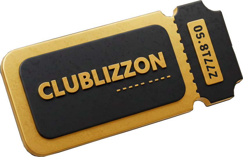 Um objeto em forma de bilhete dourado e preto com a palavra CLUBLIZZON em letras maiúsculas douradas e o número 2778,50 em uma aba perfurada.