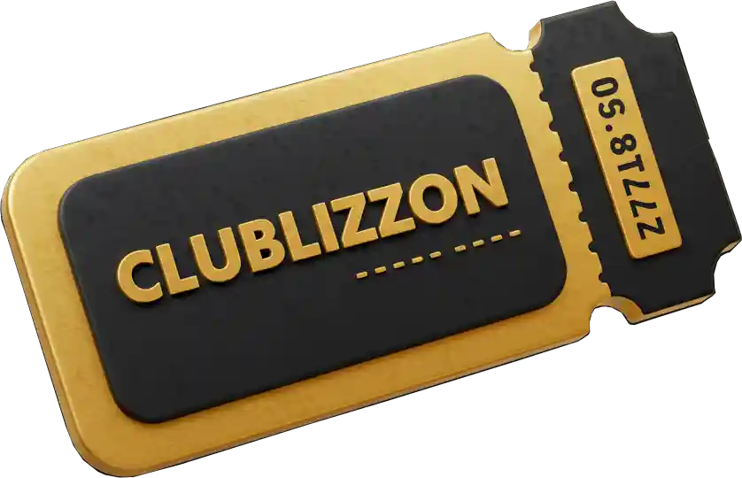 Um objeto em forma de bilhete dourado e preto com a palavra CLUBLIZZON em letras maiúsculas douradas e o número 2778,50 em uma aba perfurada.
