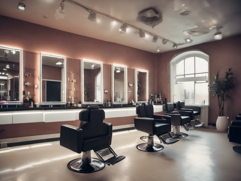 Um salão de cabeleireiro moderno com cadeiras pretas vazias de frente para grandes espelhos em um balcão comprido, iluminado por luzes no teto e no espelho. As prateleiras com produtos para cabelo são visíveis, e uma grande janela permite a entrada de luz natural.