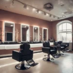 Um salão de cabeleireiro moderno com cadeiras pretas vazias de frente para grandes espelhos em um balcão comprido, iluminado por luzes no teto e no espelho. As prateleiras com produtos para cabelo são visíveis, e uma grande janela permite a entrada de luz natural.