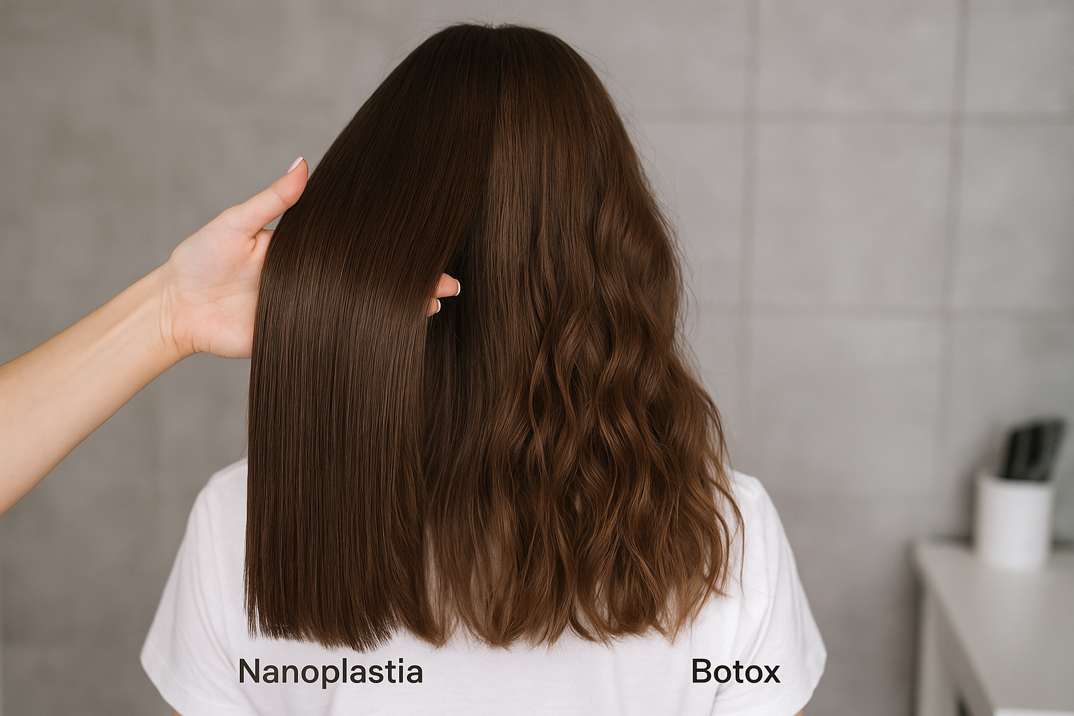 Uma pessoa com longos cabelos castanhos é mostrada por trás. O lado esquerdo de seu cabelo é liso e reto, rotulado como Nanoplastia, enquanto o lado direito é ondulado e volumoso, rotulado como Botox.