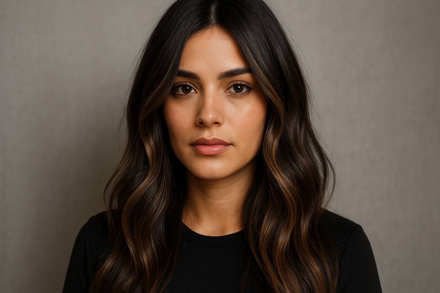 Uma mulher com cabelos escuros longos e ondulados e uma expressão neutra olha diretamente para a câmera. Ela está usando uma blusa preta e está posando em frente a um fundo cinza claro e liso.