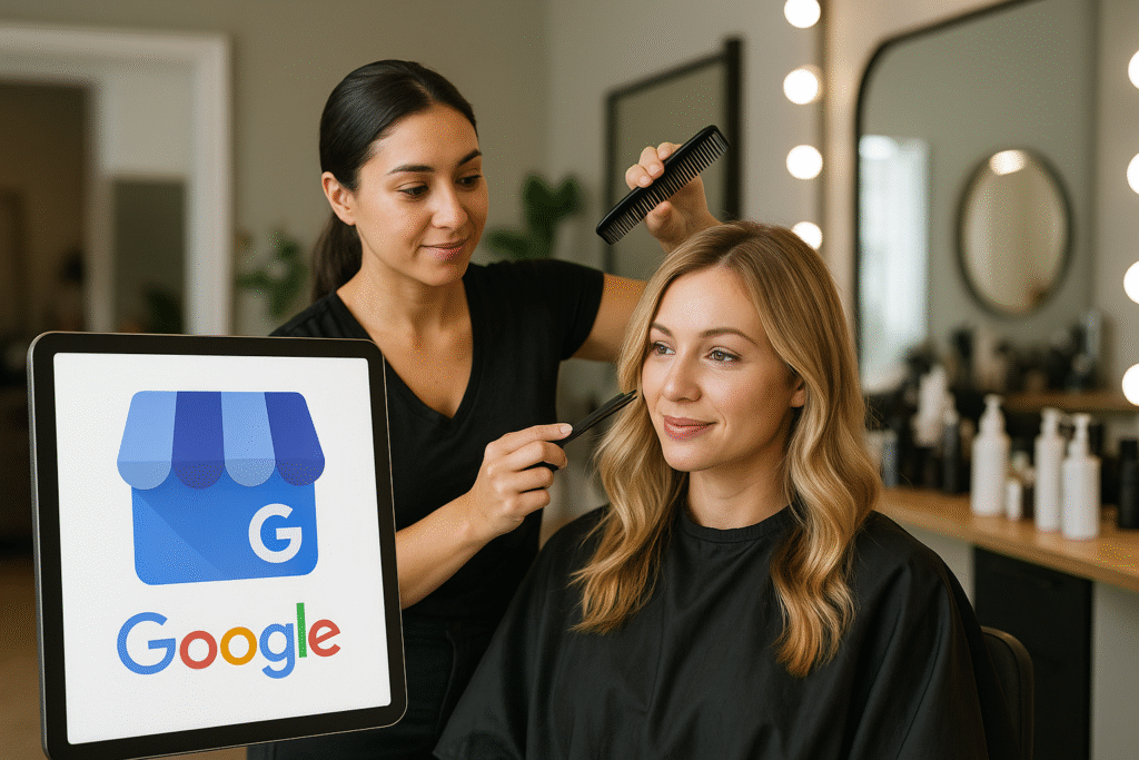 Um cabeleireiro penteia o cabelo de uma mulher em um salão. A mulher está sentada em uma capa preta. Um logotipo de perfil comercial do Google foi adicionado digitalmente ao lado esquerdo da imagem. Os produtos do salão e os espelhos estão visíveis no plano de fundo.