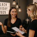 Duas mulheres de camisa preta conversam em um salão. Uma delas segura um caderno e faz gestos, enquanto a outra faz anotações. Um letreiro iluminado atrás delas diz Black Friday 2025. Há espelhos, luzes e cadeiras de salão ao fundo.