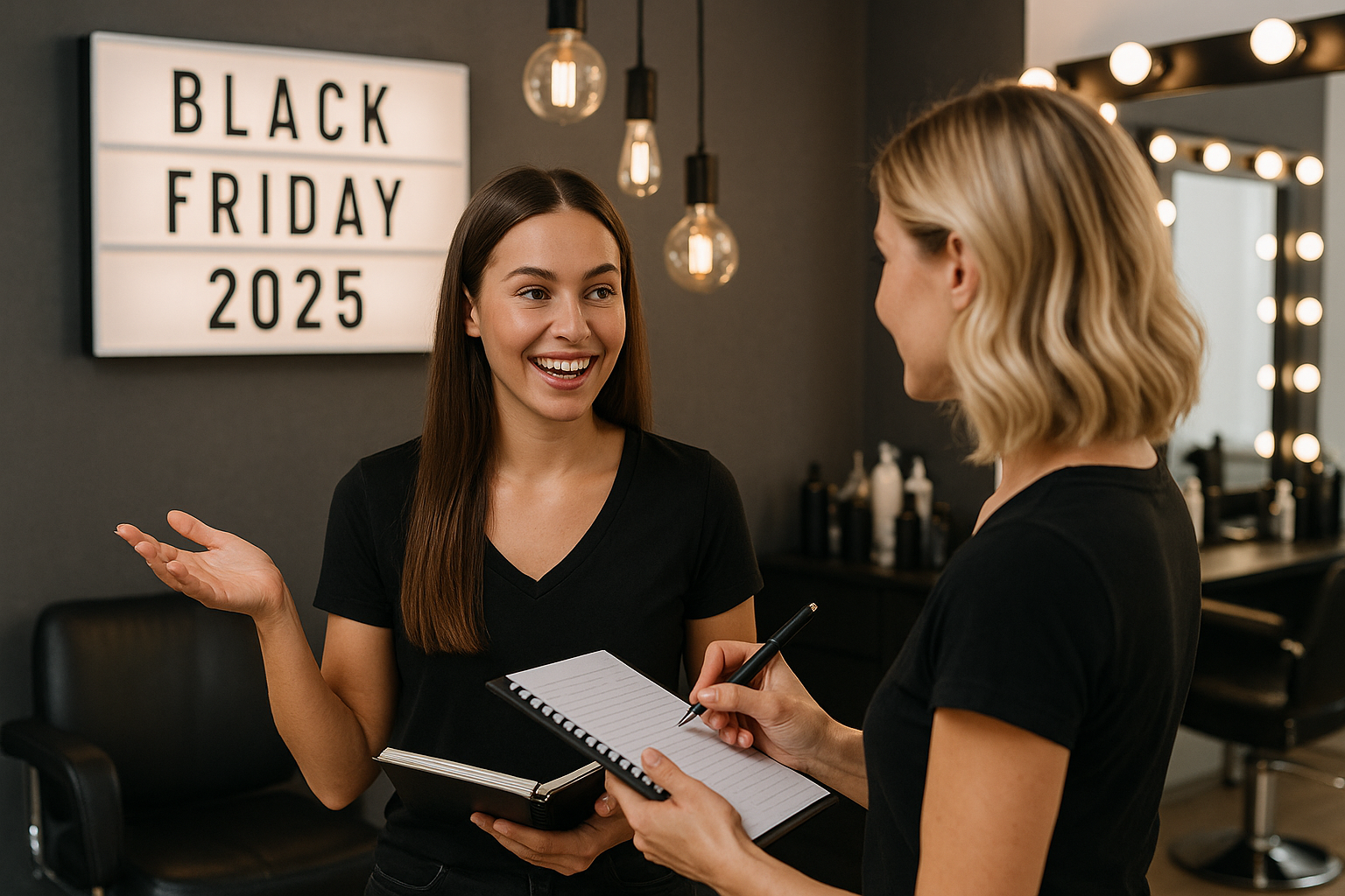 Duas mulheres de camisa preta conversam em um salão. Uma delas segura um caderno e faz gestos, enquanto a outra faz anotações. Um letreiro iluminado atrás delas diz Black Friday 2025. Há espelhos, luzes e cadeiras de salão ao fundo.