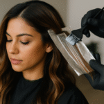Uma mulher com cabelos castanhos longos e ondulados está sentada com os olhos fechados enquanto uma pessoa usando luvas pretas aplica tintura de cabelo em uma seção de seu cabelo usando uma escova e papel alumínio.