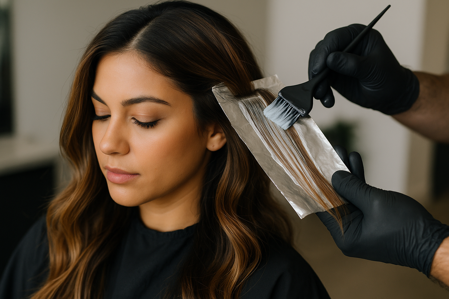 Uma mulher com cabelos castanhos longos e ondulados está sentada com os olhos fechados enquanto uma pessoa usando luvas pretas aplica tintura de cabelo em uma seção de seu cabelo usando uma escova e papel alumínio.
