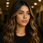 Uma mulher com cabelos escuros, longos e ondulados, com mechas castanho-claras, está em um ambiente interno, olhando para frente. O plano de fundo mostra um salão bem iluminado com espelhos e prateleiras.