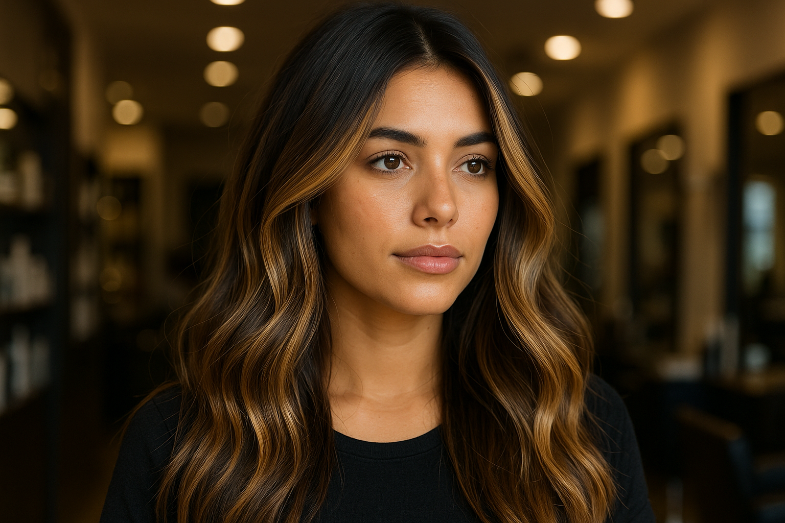 Uma mulher com cabelos escuros, longos e ondulados, com mechas castanho-claras, está em um ambiente interno, olhando para frente. O plano de fundo mostra um salão bem iluminado com espelhos e prateleiras.