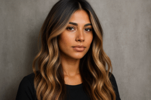 Uma mulher com longos cabelos castanhos ondulados e mechas está em pé em frente a um fundo cinza liso. Ela está usando um top preto e olhando diretamente para a câmera com uma expressão neutra.