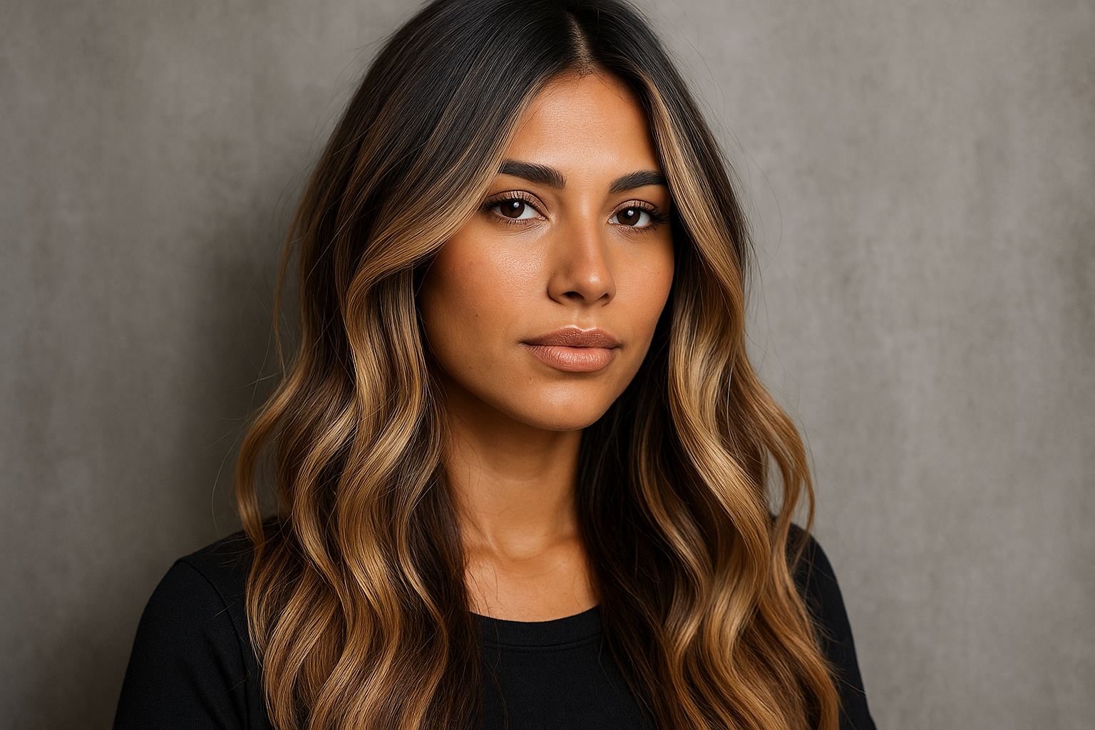 Uma mulher com longos cabelos castanhos ondulados e mechas está em pé em frente a um fundo cinza liso. Ela está usando um top preto e olhando diretamente para a câmera com uma expressão neutra.
