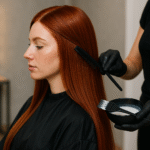 Um cabeleireiro usando luvas pretas usa um pente e uma escova com uma tigela de tintura de cabelo para pintar os longos e lisos cabelos ruivos de uma mulher sentada em um salão. A mulher está sentada calmamente, coberta por uma capa preta.