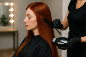 Um cabeleireiro usando luvas pretas usa um pente e uma escova com uma tigela de tintura de cabelo para pintar os longos e lisos cabelos ruivos de uma mulher sentada em um salão. A mulher está sentada calmamente, coberta por uma capa preta.