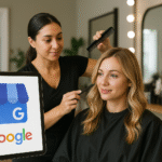 Um cabeleireiro penteia o cabelo de uma mulher em um salão. A mulher está sentada em uma capa preta. Um logotipo de perfil comercial do Google foi adicionado digitalmente ao lado esquerdo da imagem. Os produtos do salão e os espelhos estão visíveis no plano de fundo.