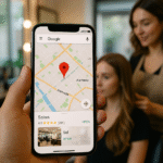 Uma pessoa segura um smartphone exibindo uma pesquisa do Google Maps para um salão de beleza, com um mapa e um pin de localização visíveis. Ao fundo, um cabeleireiro está atrás de uma cliente sentada em um salão de beleza.