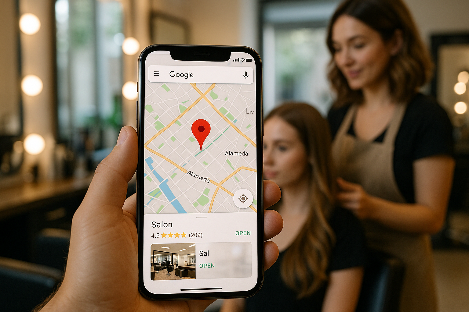 Uma pessoa segura um smartphone exibindo uma pesquisa do Google Maps para um salão de beleza, com um mapa e um pin de localização visíveis. Ao fundo, um cabeleireiro está atrás de uma cliente sentada em um salão de beleza.