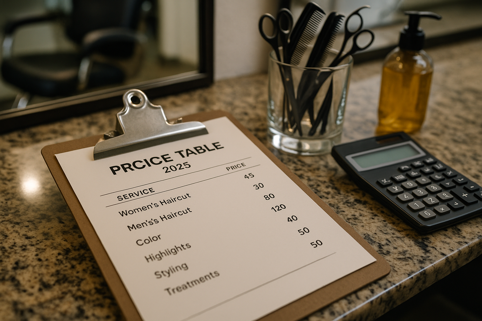 Uma prancheta com uma tabela de preços de salão de beleza de 2025 fica em um balcão próximo a uma xícara com pentes e tesouras, uma calculadora e um frasco de bomba, com um espelho e uma cadeira de salão refletidos ao fundo.