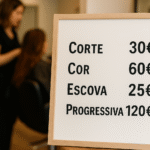 Uma placa em um salão de cabeleireiro exibe os preços em euros dos serviços: corte de cabelo 30 euros, coloração 60 euros, secagem 25 euros e tratamento progressivo 120 euros. Ao fundo, um cabeleireiro trabalha no cabelo de uma cliente.