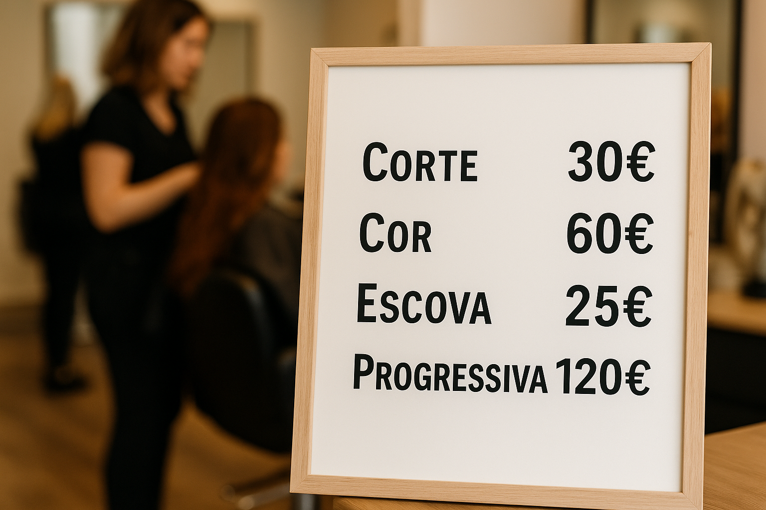 Uma placa em um salão de cabeleireiro exibe os preços em euros dos serviços: corte de cabelo 30 euros, coloração 60 euros, secagem 25 euros e tratamento progressivo 120 euros. Ao fundo, um cabeleireiro trabalha no cabelo de uma cliente.