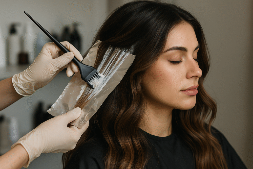 Uma pessoa com longos cabelos castanhos senta-se calmamente enquanto outra pessoa aplica a tintura de cabelo com um pincel, usando uma folha de proteção. A pessoa que aplica a tintura está usando luvas. Os produtos do salão de beleza estão visíveis ao fundo.